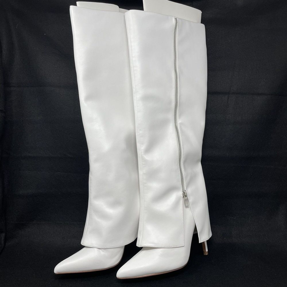 Pretty Little Thing White‎ Pointed Fold Over Stiletto Heel Knee Boots NIB Size 5